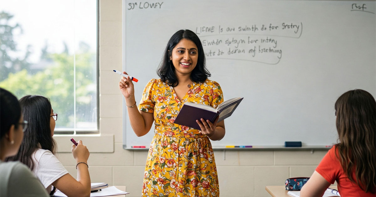 Indian English teacher teaching in class
